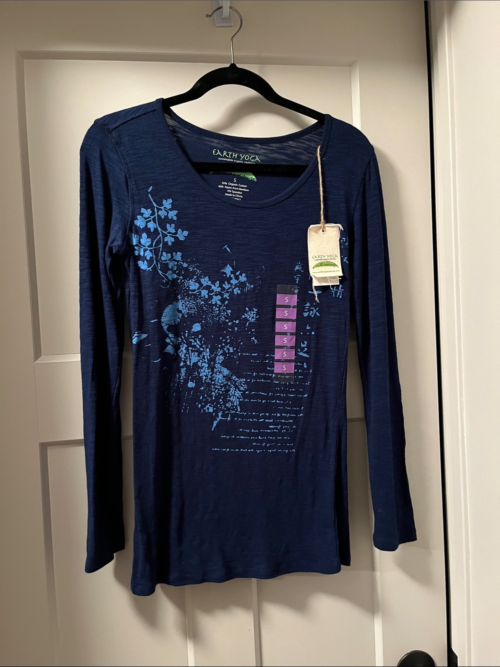 Earth Yoga Navy Long-Sleeve Tee with Blue Floral Graphic
